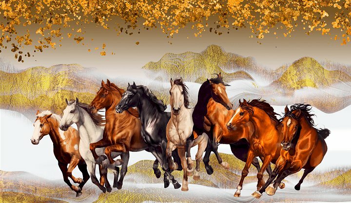 Tranh bát mã 3D dán tường tượng trưng cho sự đủ đầy và may mắn