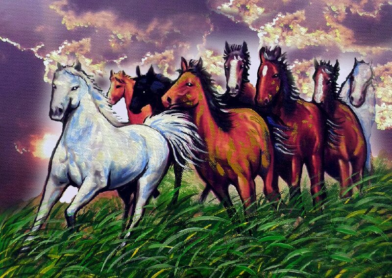 Tranh bát mã chạy trên ngọn đồi cỏ mang nét nghệ thuật đẹp mắt