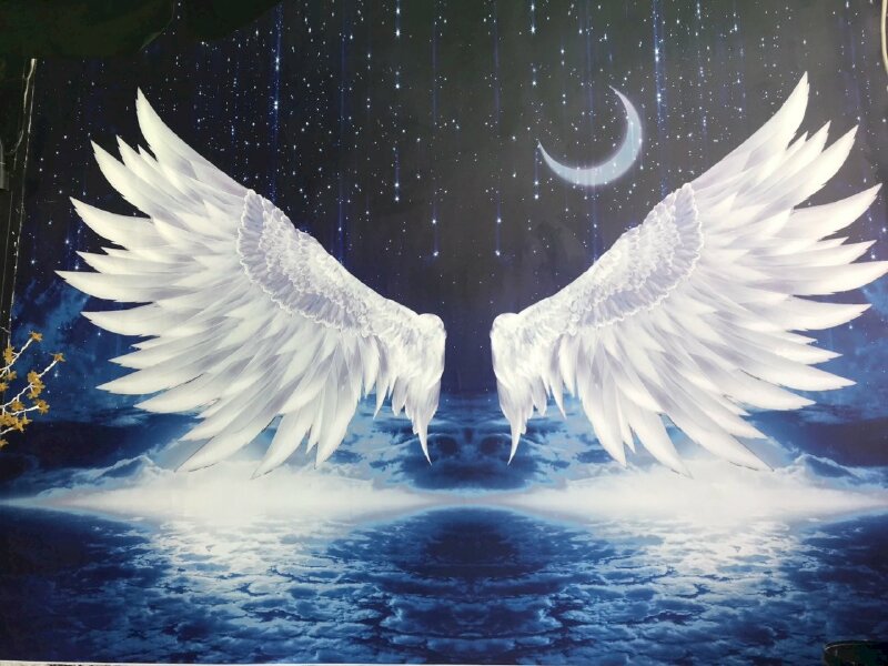 Tranh dán tường cánh thiên thần 3D dưới ánh trăng khuyết