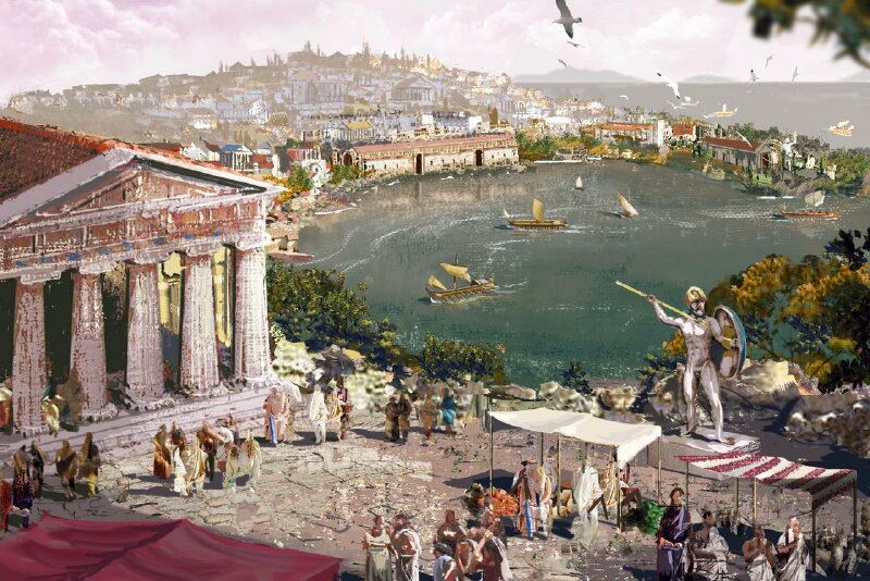 Tranh dán tường phong cảnh thành phố Hy Lạp cổ đại tuyệt đẹp