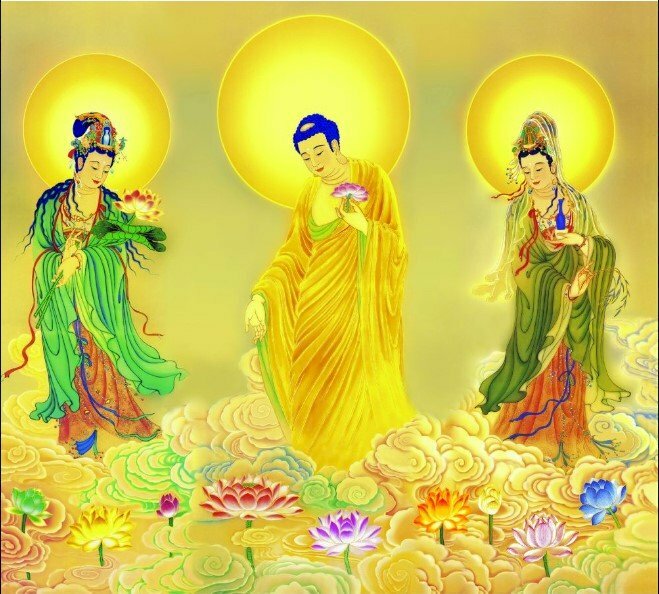 Tranh dán tường trang trí phòng thờ, chùa, hình Tam Thế Phật trang nghiêm