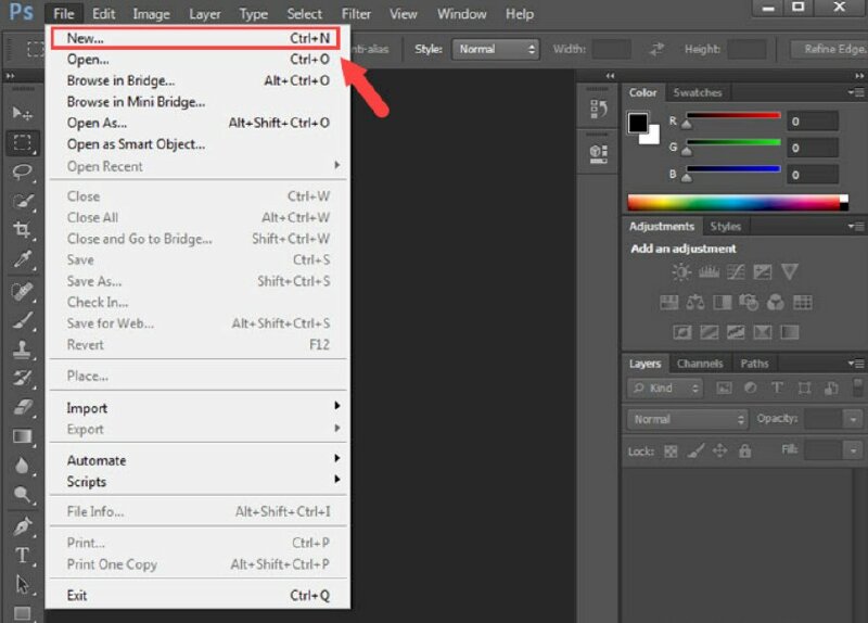 Bước 1: Các bạn mở Photoshop CS6 lên và chọn File => New hoặc bấm tổ hợp phím Ctrl + N