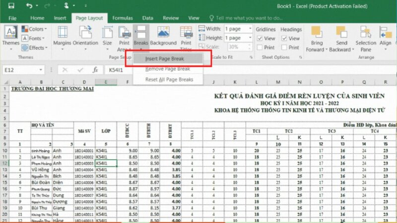 Cách in trang A4 trong Excel bằng tính năng Break