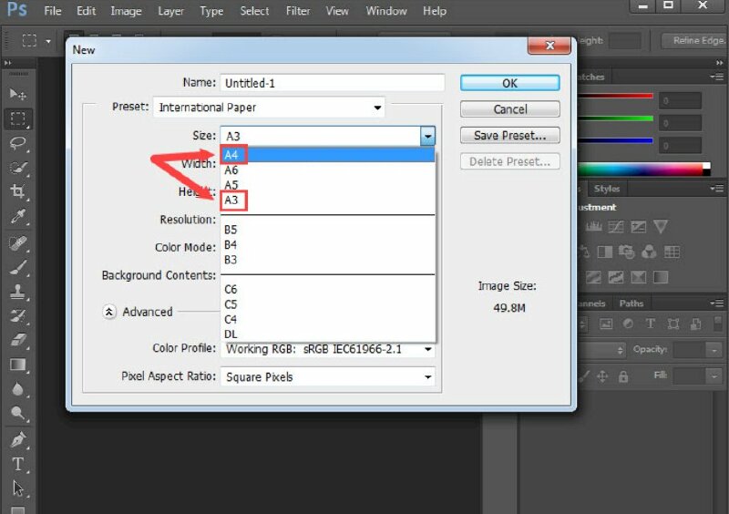 Bước 3: Sau khi thiết lập preset, các bạn chỉnh đến tiếp mục Size để chọn khổ giấy (A3, A4, A5…) theo ý thích của bạn. Sau đó ấn OK để tạo khổ giấy mới.