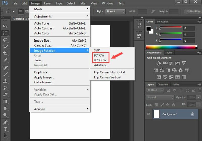 Bước 4: Khổ giấy mới khi tạo bằng Photoshop mặc định sẽ là khổ giấy dọc, nếu bạn muốn khổ giấy nằm ngang thì các bạn vào Image