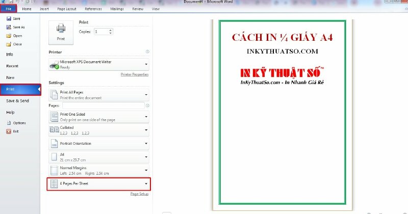 Cách in 1/4 giấy A4 trong Word