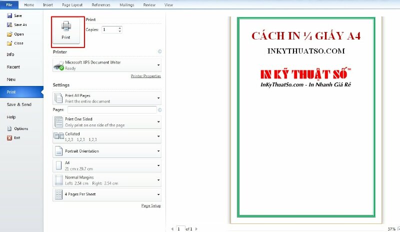 Cách in 1/4 giấy A4 trong Word