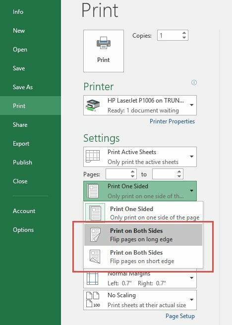 Cách in 2 mặt trong Excel bằng máy in có hỗ trợ in 2 mặt