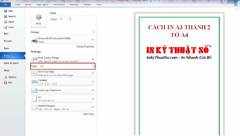 Cách in A3 thành 2 tờ A4 theo chiều ngang