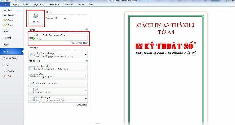 Cách in A3 thành 2 tờ A4 theo chiều ngang