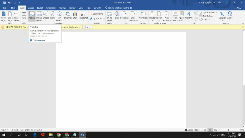 Chọn Picture từ tab Insert trong Microsoft Word