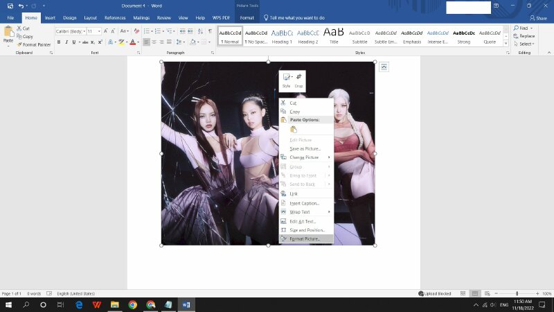 Menu chuột phải khi chọn ảnh, chọn Format Picture