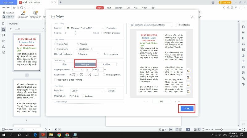 Cách in 4 trang trên 1 tờ A4 trong PDF - In Kỹ Thuật Số