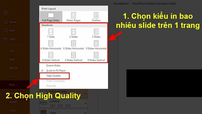 Chọn số lượng slide trên một trang A4 khi in Powerpoint