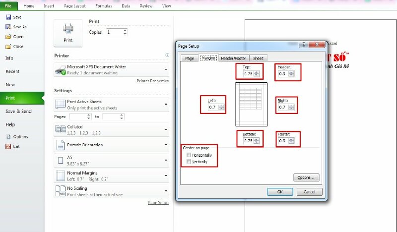 Căn lề trang in khổ giấy A5 trong Excel