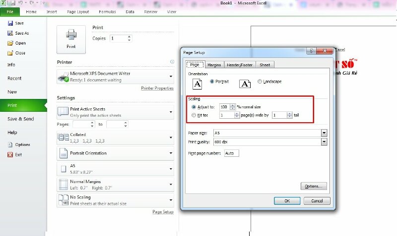 Thiết lập in vừa trang A5 trong Excel