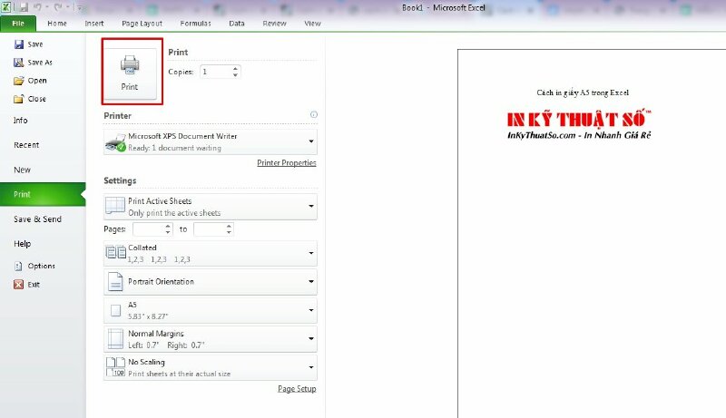 Tiến hành in khổ giấy A5 trong Excel