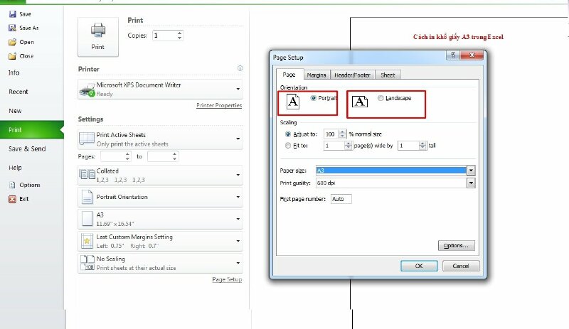 Thiết lập chiều trang in khổ giấy A3 trong Excel