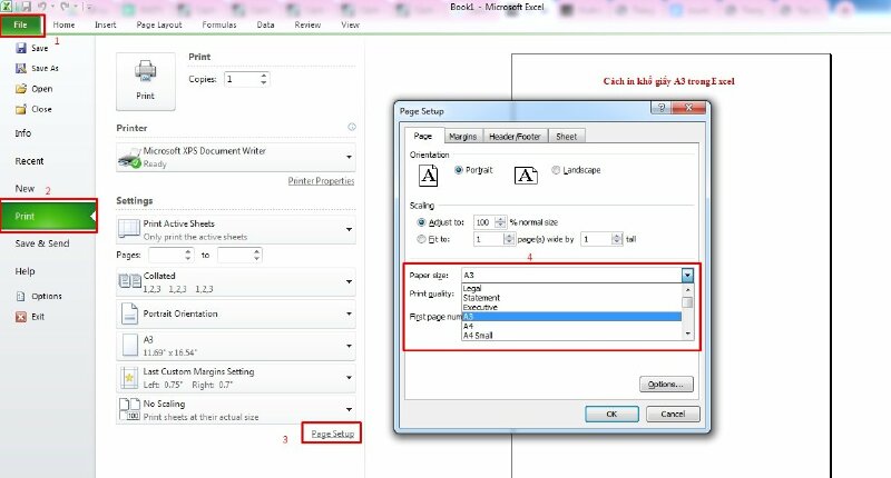 Thiết lập trang in khổ A3 trong Excel