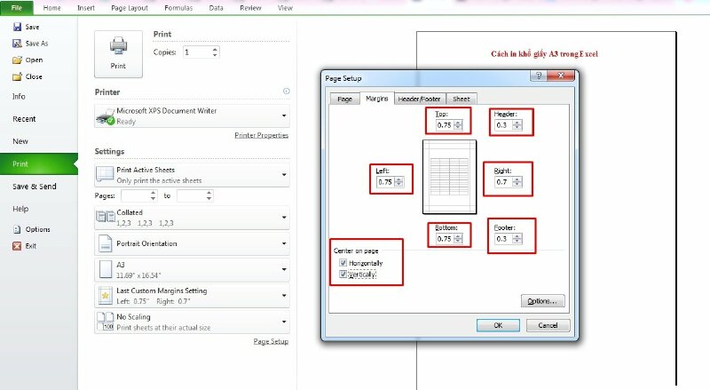Căn lề trang in khổ giấy A3 trong Excel