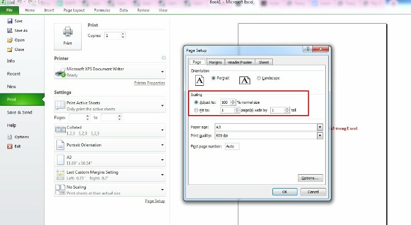Thiết lập in vừa trang A3 trong Excel