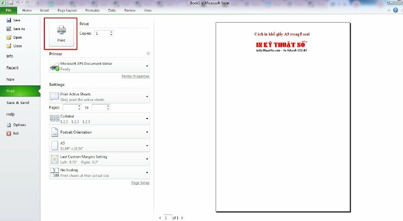 Tiến hành in khổ giấy A3 trong Excel