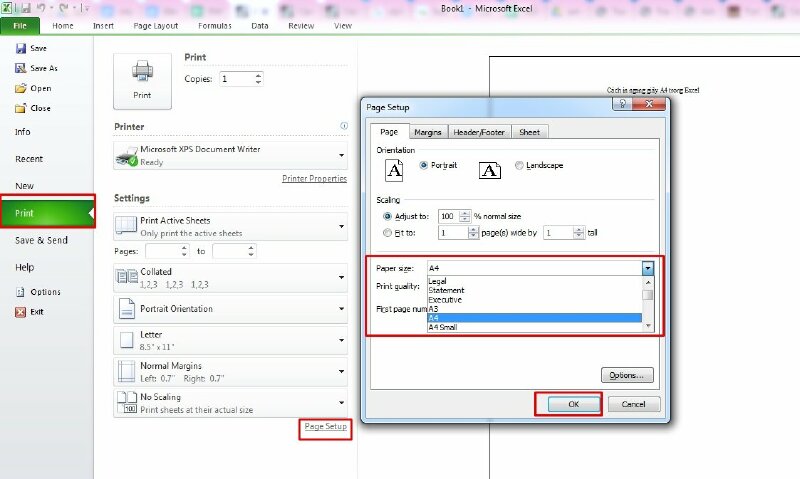 Thiết lập chiều ngang trang in khổ A4