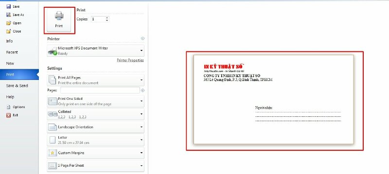 Tiến hành in phong bì từ giấy A4