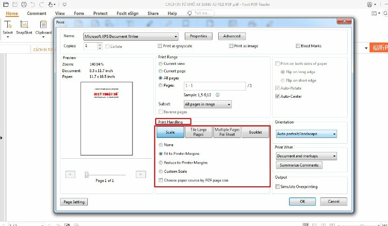 Các tùy chọn xử lý in (Scale, Tile, Multiple, Booklet) cho file PDF