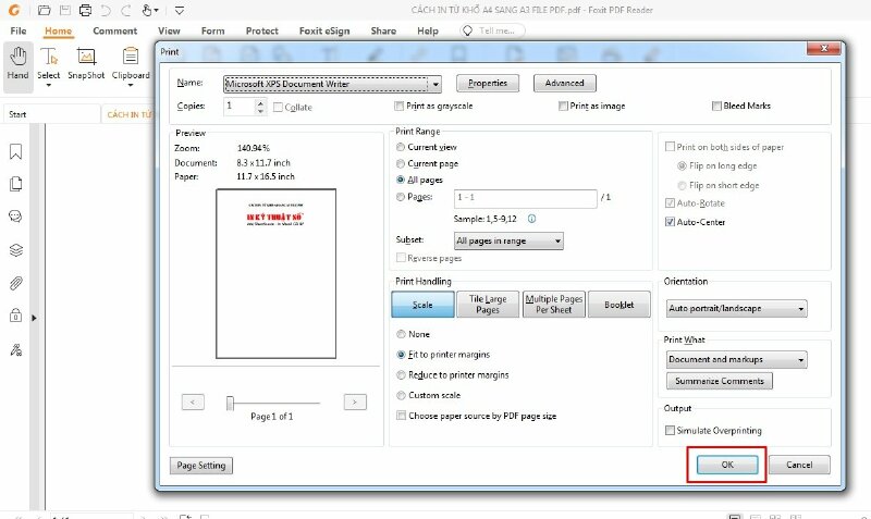 Hoàn tất thiết lập và tiến hành in tài liệu PDF trên khổ A3