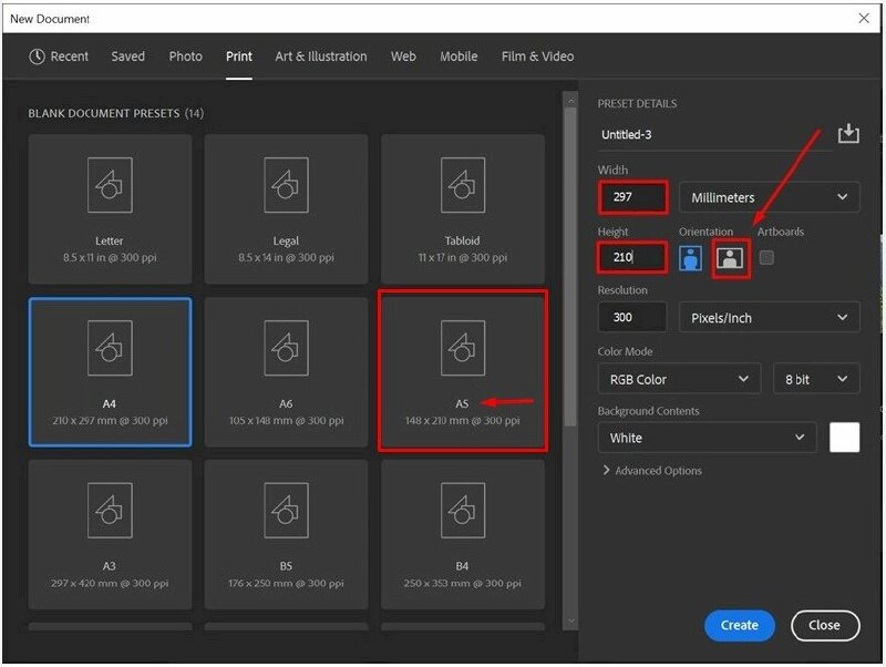 Cách tạo khổ giấy A5 trên photoshop theo chiều ngang - InKyThuatSo