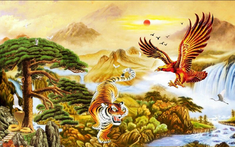 Tranh Nhật Xuất Thiên Sơn với hình ảnh hổ và đại bàng đang vờn nhau