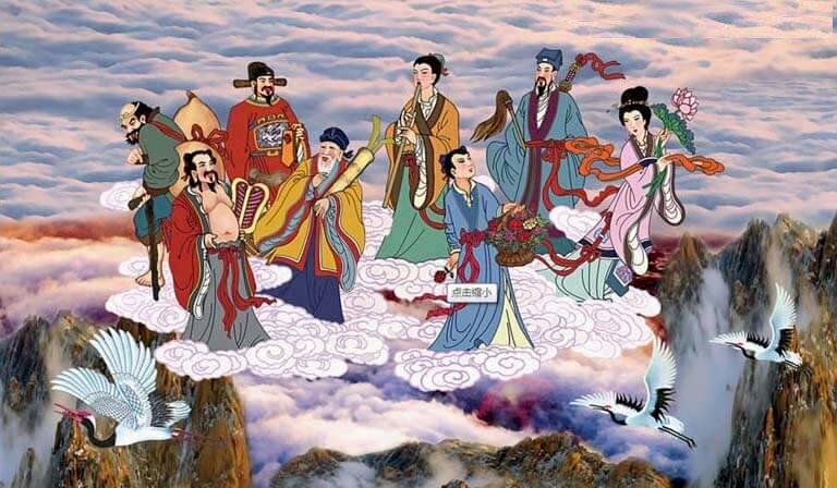 Tranh Bát Tiên, 8 vị tiên đang cưỡi mây phía trên đỉnh núi
