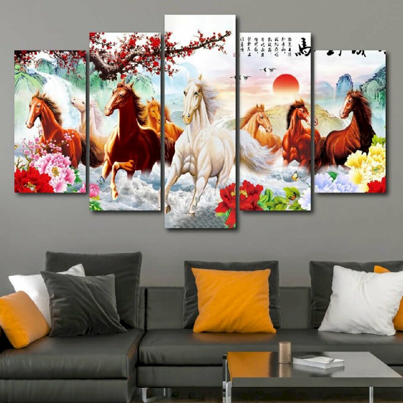 Bộ 5 tranh mã đáo thành công, 8 chú ngựa và phong cảnh sơn thủy hữu tình
