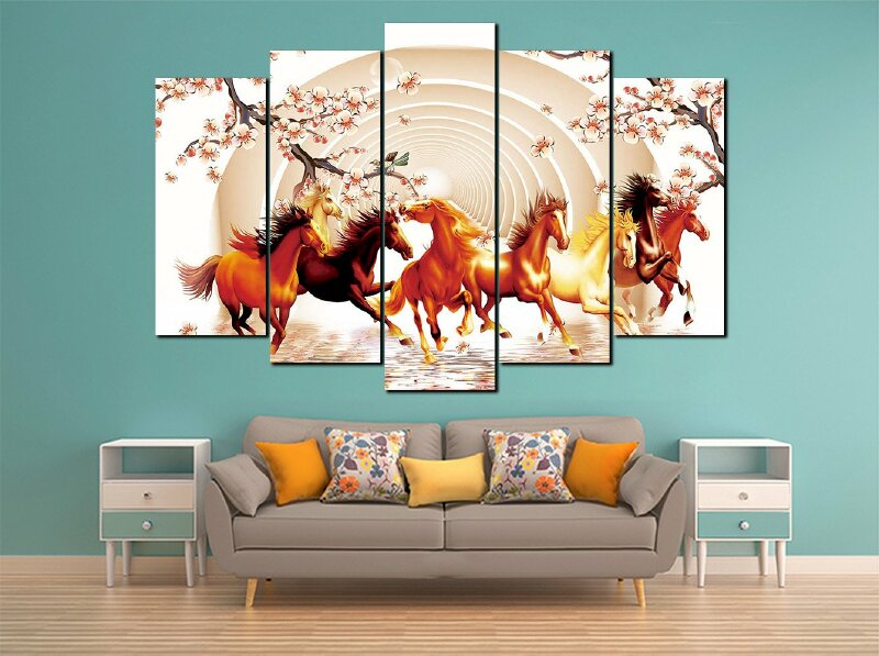 Bộ tranh 5 tranh mã đáo thành công, 8 con ngựa và phong cảnh mùa xuân hoa đào nở rộ
