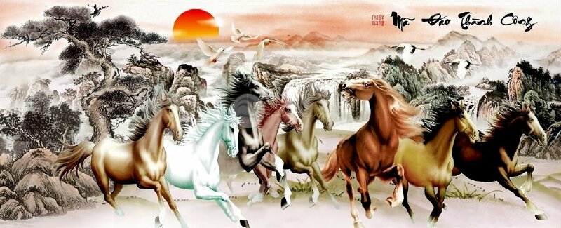 Tranh mã đáo thành công 8 chú ngựa phía trước thác nước và cảnh núi non hùng vĩ