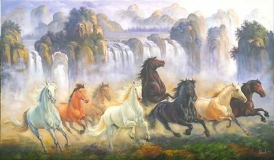 Tranh sơn dầu mã đáo thành công, vẽ 8 con ngựa và xung canh xung cảnh thác nước