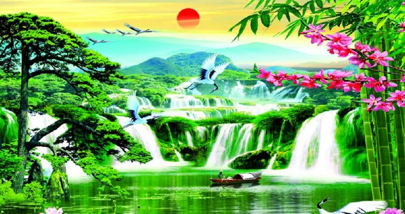 Tranh Nhật Xuất Thiên Sơn 3D mang phong cách rất Việt Nam với rừng tre trúc và dòng sông tĩnh lặng