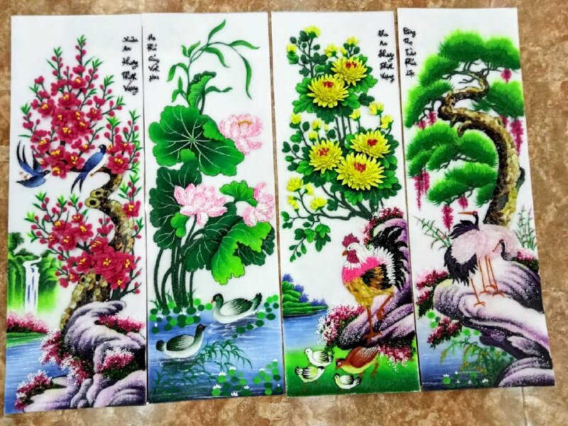 Tranh tứ quý Đào Sen Cúc Tùng cùng phong cảnh tuyệt đẹp