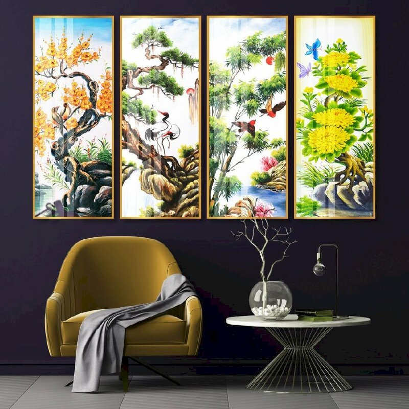 Tranh tứ quý Mai Tùng Trúc Cúc trang trí phòng khách
