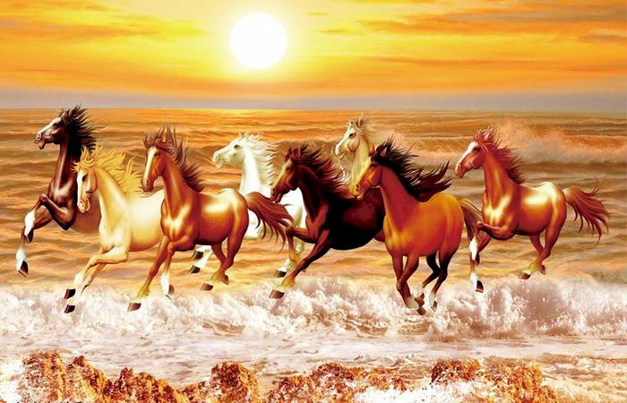 Tranh mã đáo thành công, 8 chú ngựa đang chạy trên mặt nước, xung quanh là biển nước