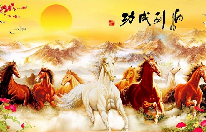 Tranh mã đáo thành công 3D, hình 8 chú ngựa dũng mãnh đang tiến về phía trước