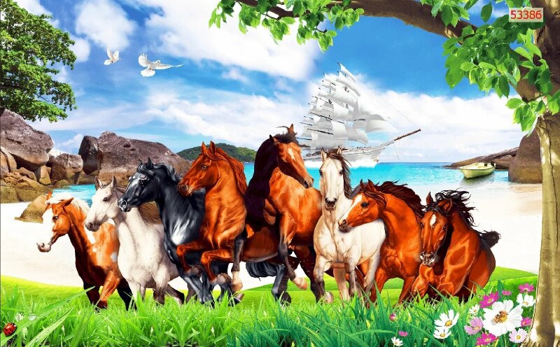 Tranh 3D mã đáo thành công 8 chú ngựa và phong cảnh sông núi đẹp hữu tình