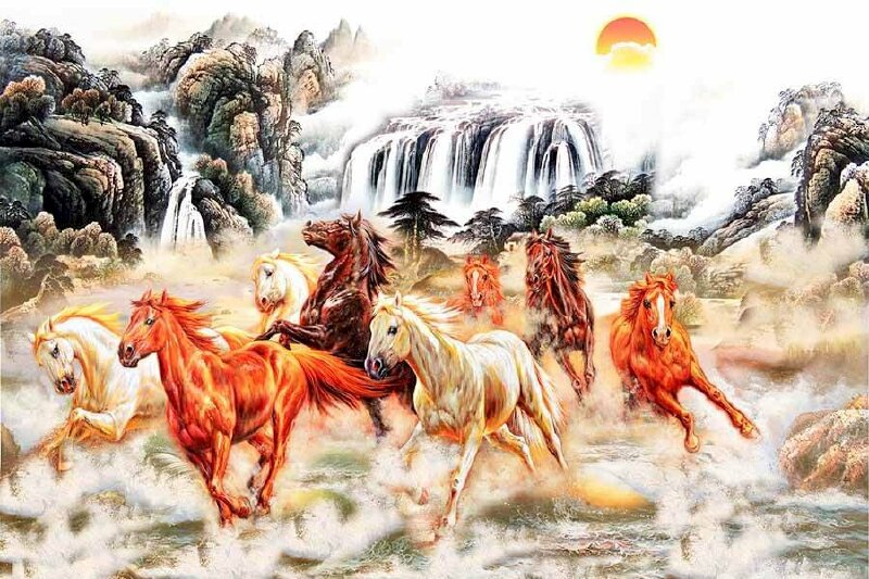 Tranh mã đáo thành công 3D những chú ngựa dũng mãnh đang phi lên phía trước