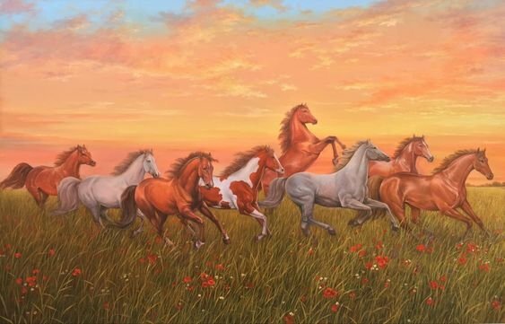 Tranh mã đáo thành công sơn dầu, 8 con ngựa và phong cảnh thảo nguyên