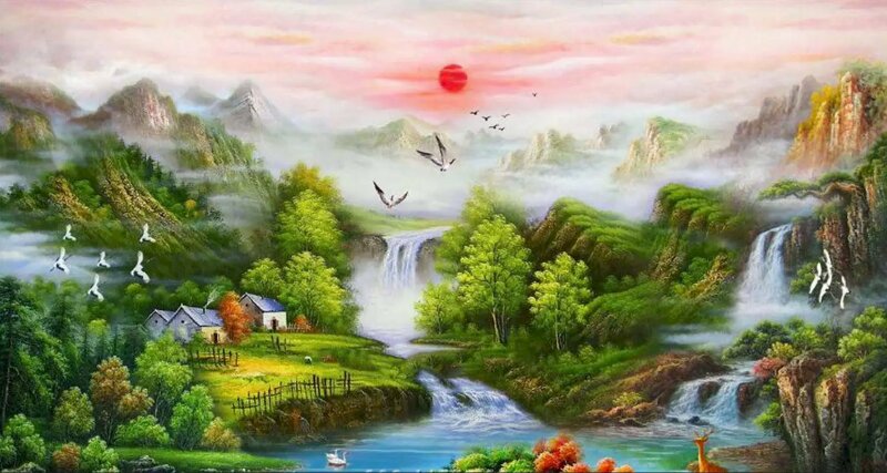 Tranh Nhật Xuất Thiên Sơn tuyệt đẹp mang nét văn hóa Á Đông