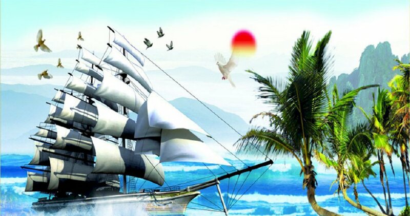 Tranh Nhật Xuất Thiên Sơn 3D với hình ảnh cánh buồm no gió đầy ý nghĩa