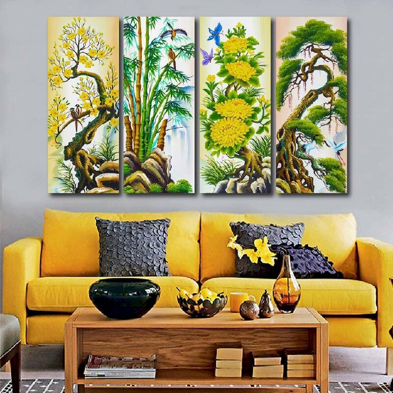 Tranh tứ quý trang trí phòng khách hiện đại hút may mắn, tài lộc