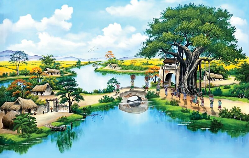 Tranh vinh quy bái Tổ giữa khung cảnh bầu trời xanh thanh bình