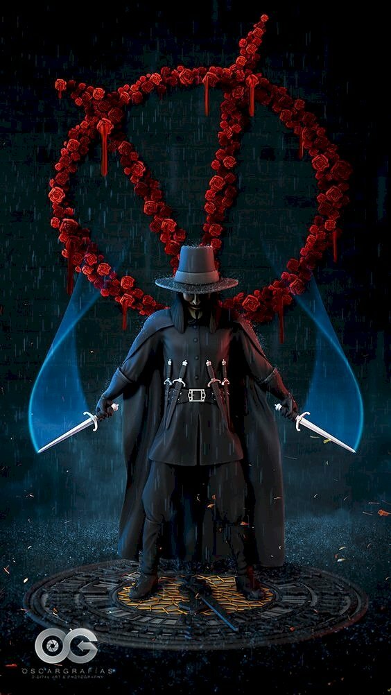 Ảnh hacker anime ngầu với ký hiệu được làm từ hoa hồng đỏ và 2 thanh gươm trên tay